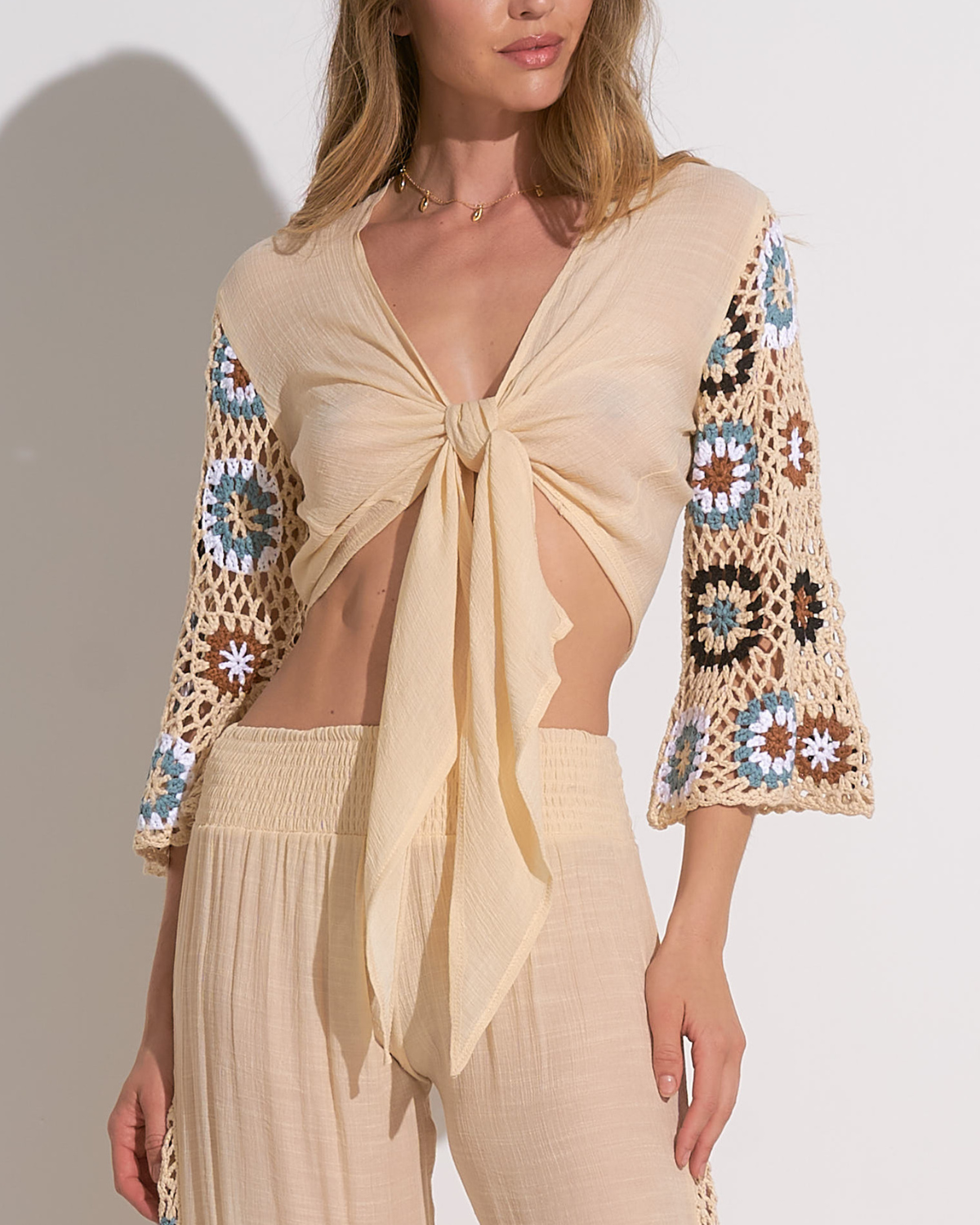 Elan Samoa Crochet Tie Front Top (More Colors Available