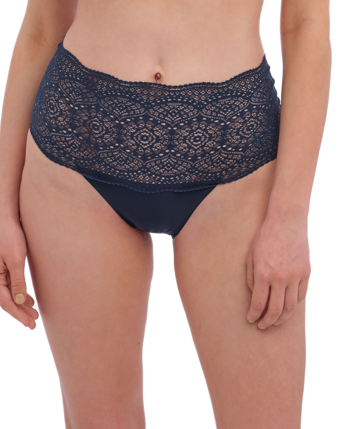 Model wearing a wide lace band brief panty in navy