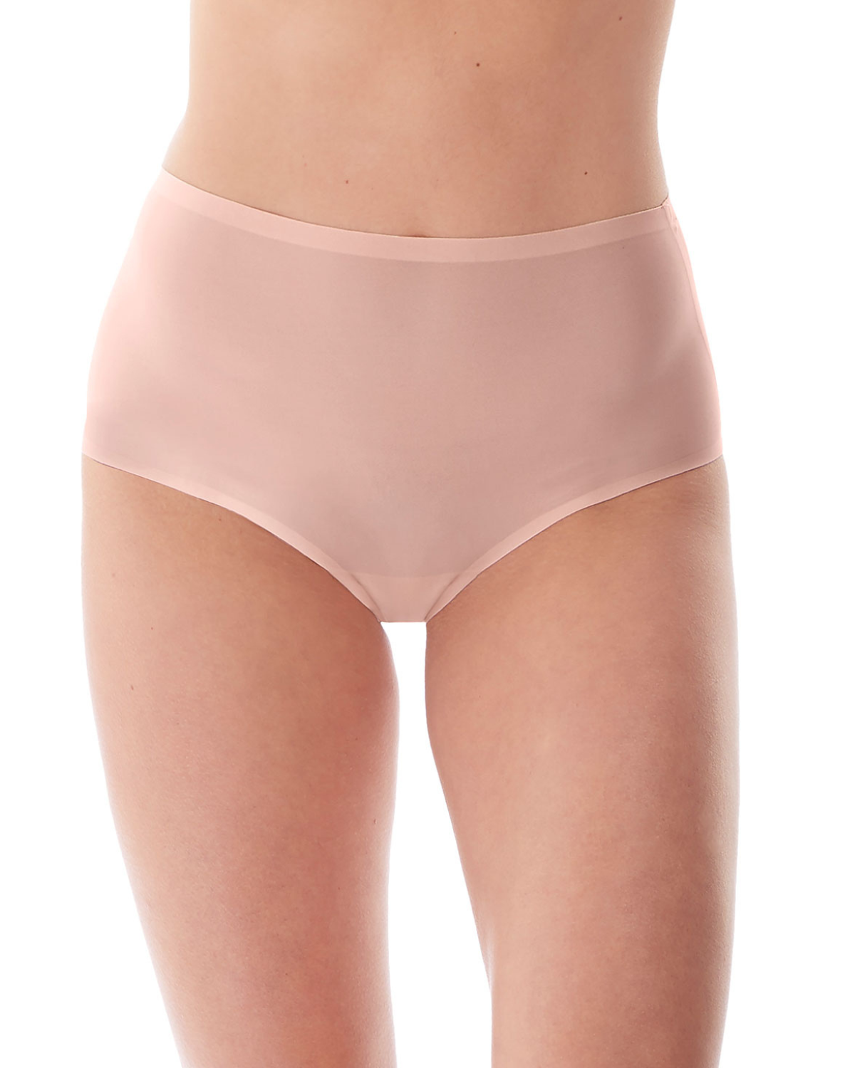 Model wearing a seamless stretch full brief in blush