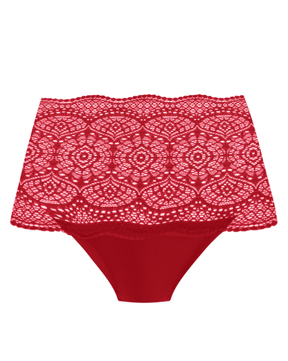 Flat lay of a wide lace band brief panty in red