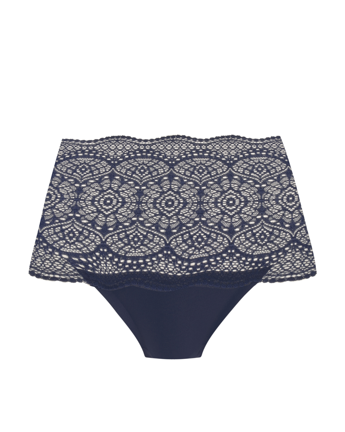Flat lay of a wide lace band brief panty in navy