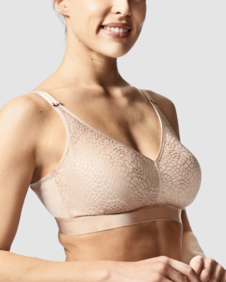 Model wearing a wire free bra in nude