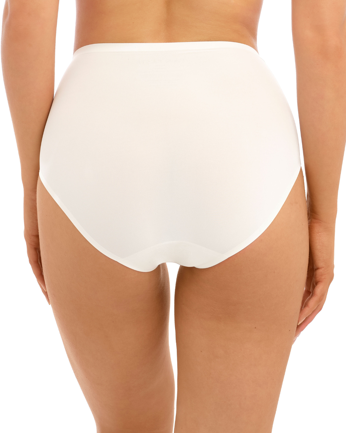 Model wearing a seamless stretch full brief in white