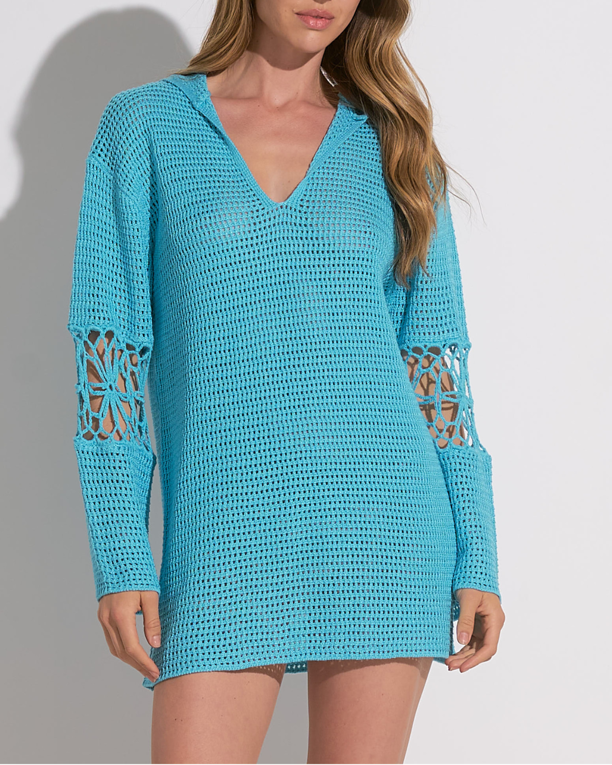 2025 Elan Crochet Long Sleeve Hooded Tunic (More Colors Available) - CCR6072