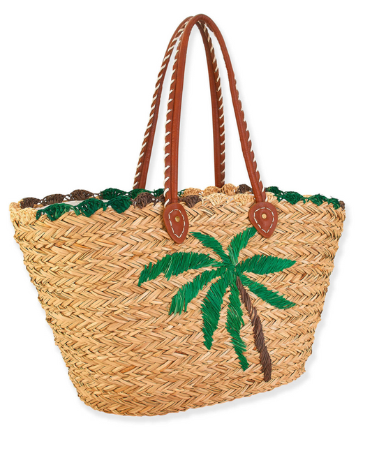 Straw tote bag with a palm tree stitch design