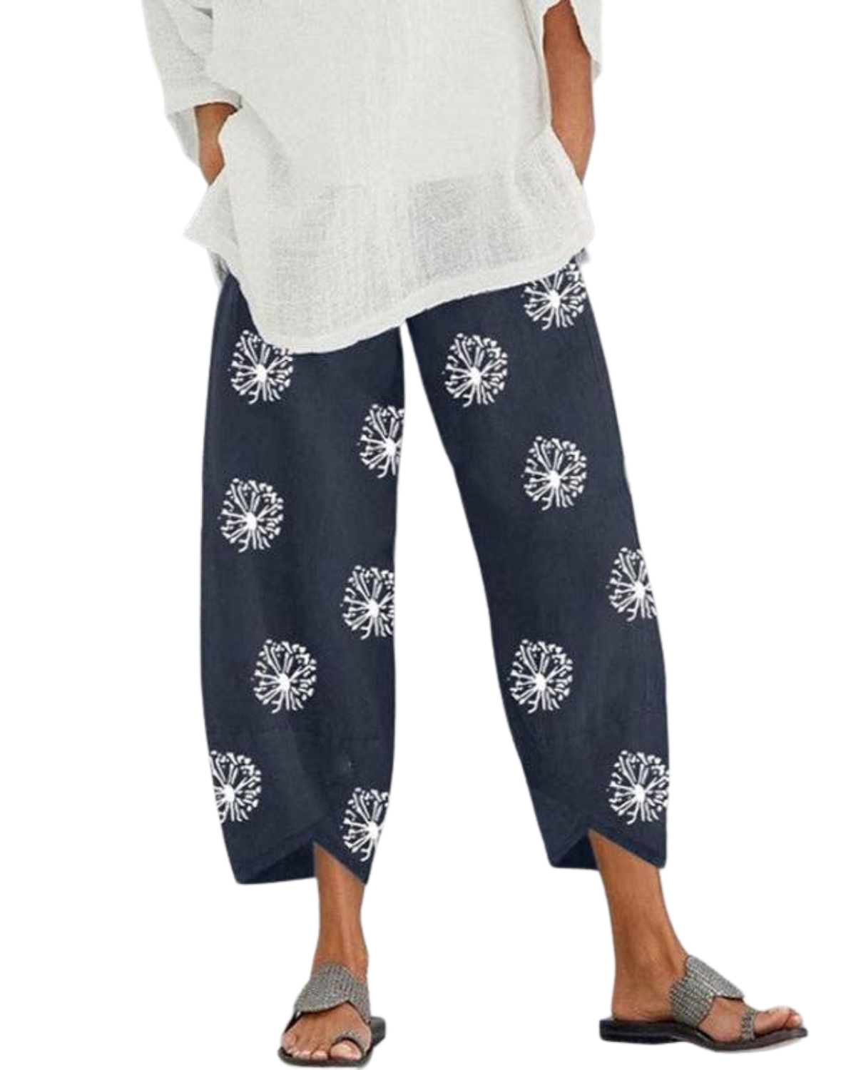 Sheer Trend Plus Size Loose Flower Print Split Joint Cover Up Pants with Pockets - 16766