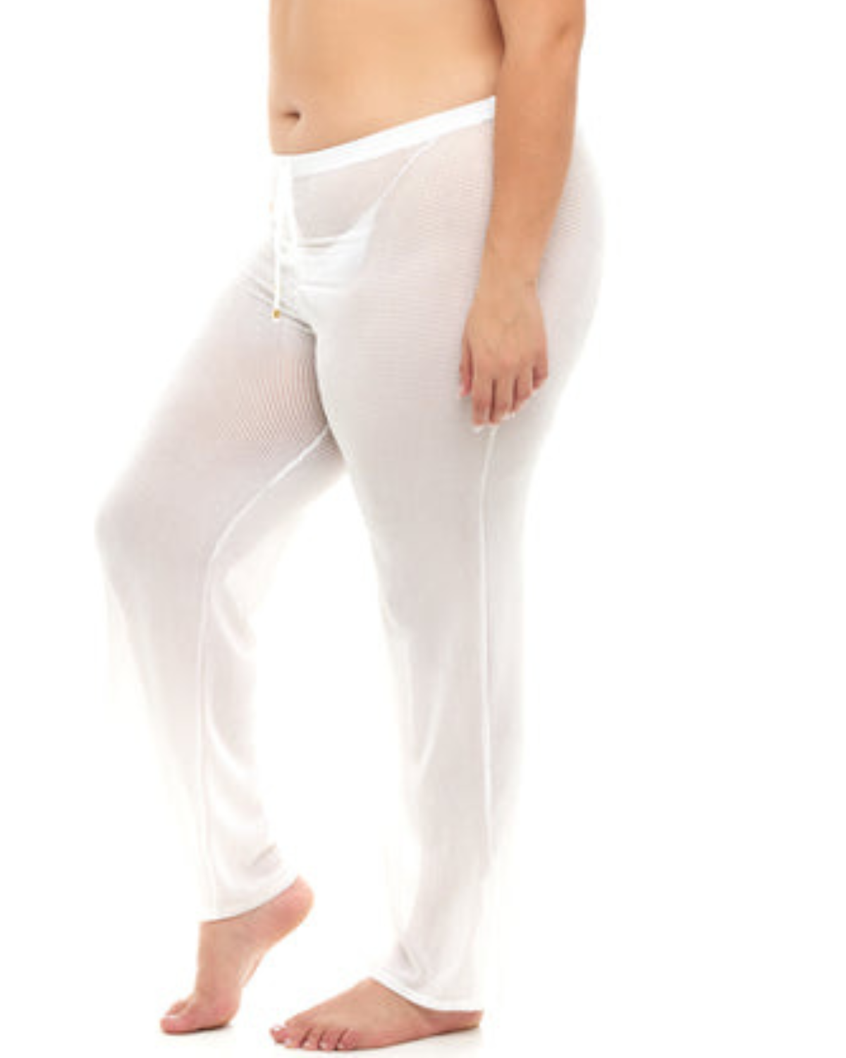 Model wearing a cover up pant in white