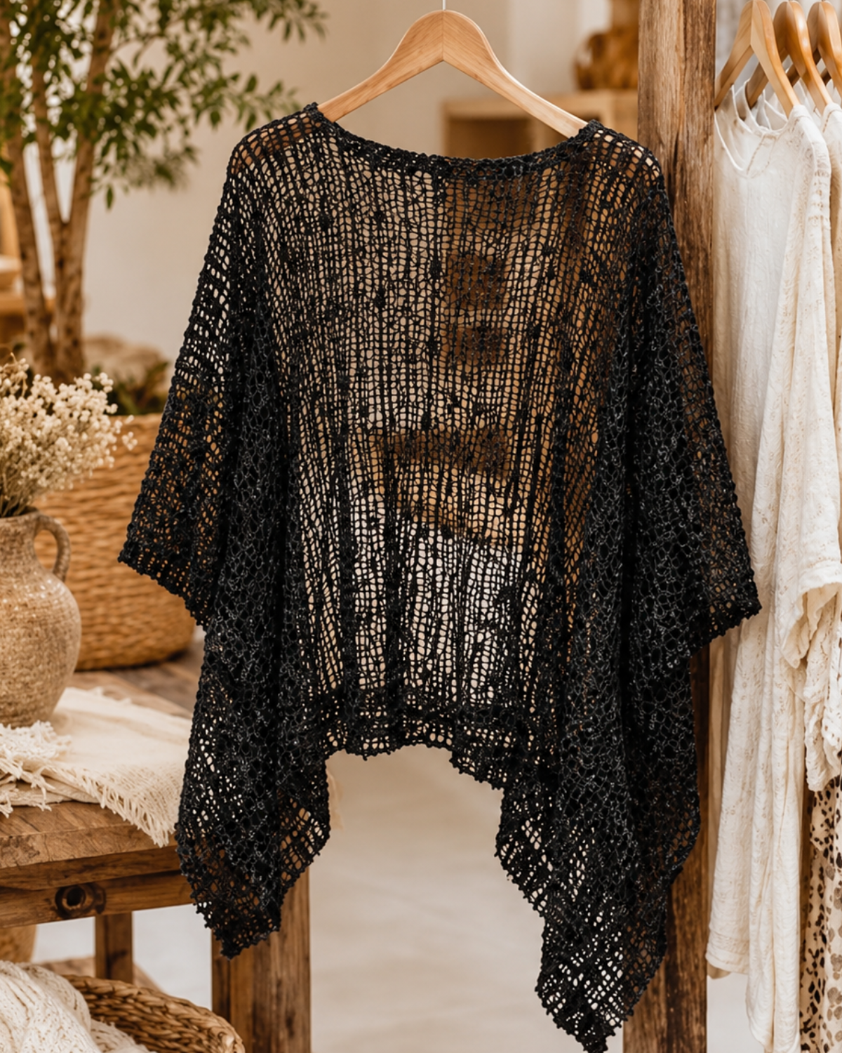 JC Sunny Boho Open Knit Shimmer Poncho Top Lightweight Cover Up (More Colors Available) - JC063501