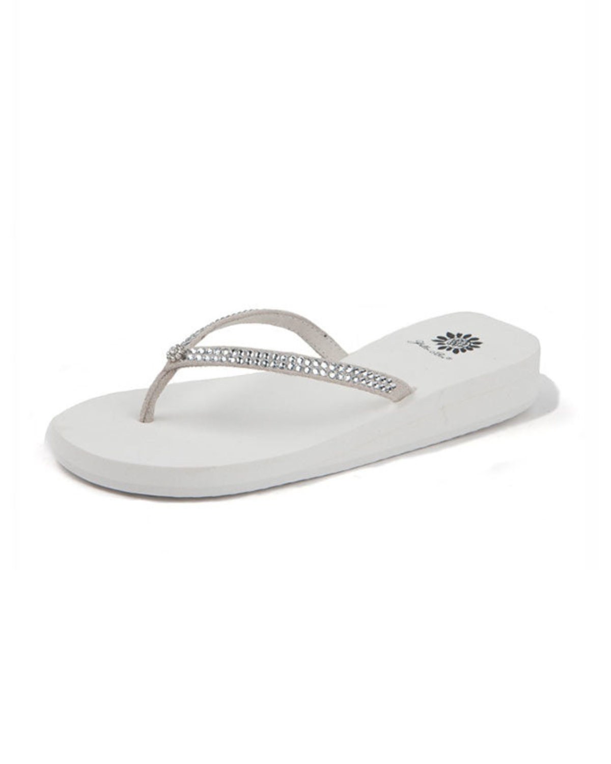 Women's white wedge sandal with rhinestones on the strap.