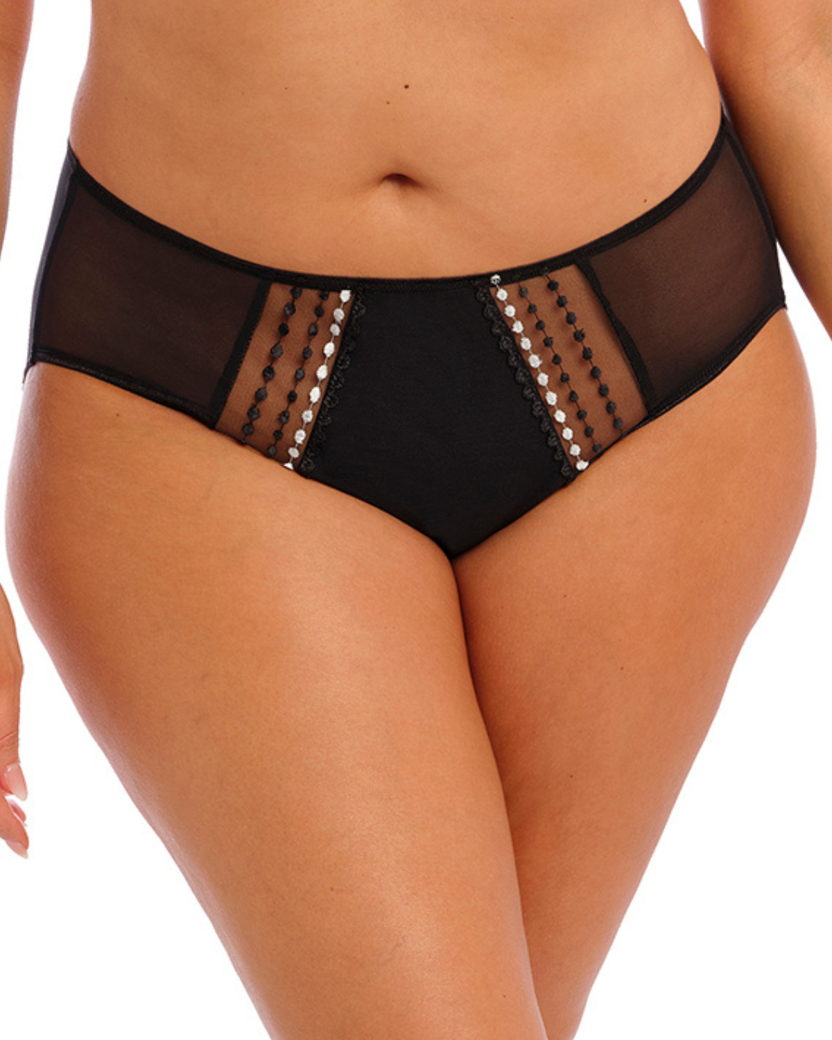 Model wearing a full brief panty with mesh inserts and beaded embroidery in black
