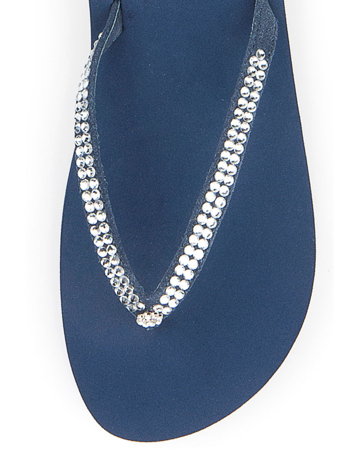 Women's blue wedge sandal with rhinestones on the strap.