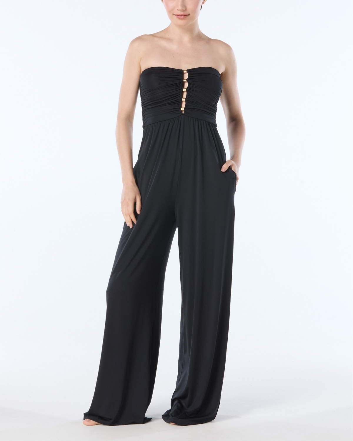 2025 Carmen Marc Valvo Solids Ruched Jumpsuit - C10112