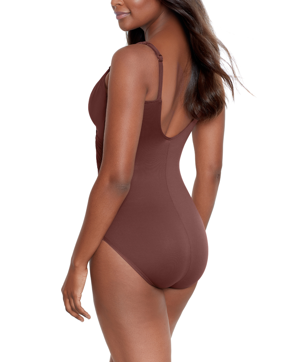 Model wearing a one piece swimsuit with a sweetheart neckline and hidden underwire in brown