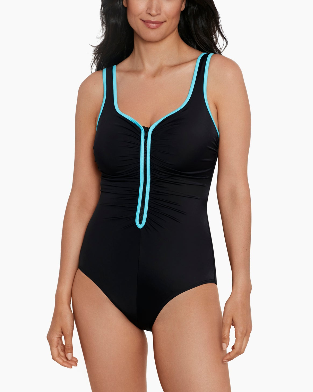 2025 Shape Solver Solids Shirred Zipper Tank One Piece Swimsuit - 80005019