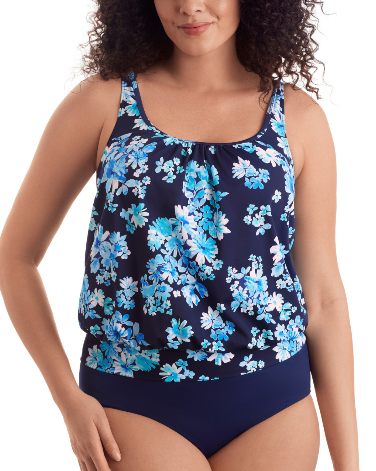2025 Shape Solver Fancy Flamingo Shirred Neck Blouson Tankini Top - 7102766