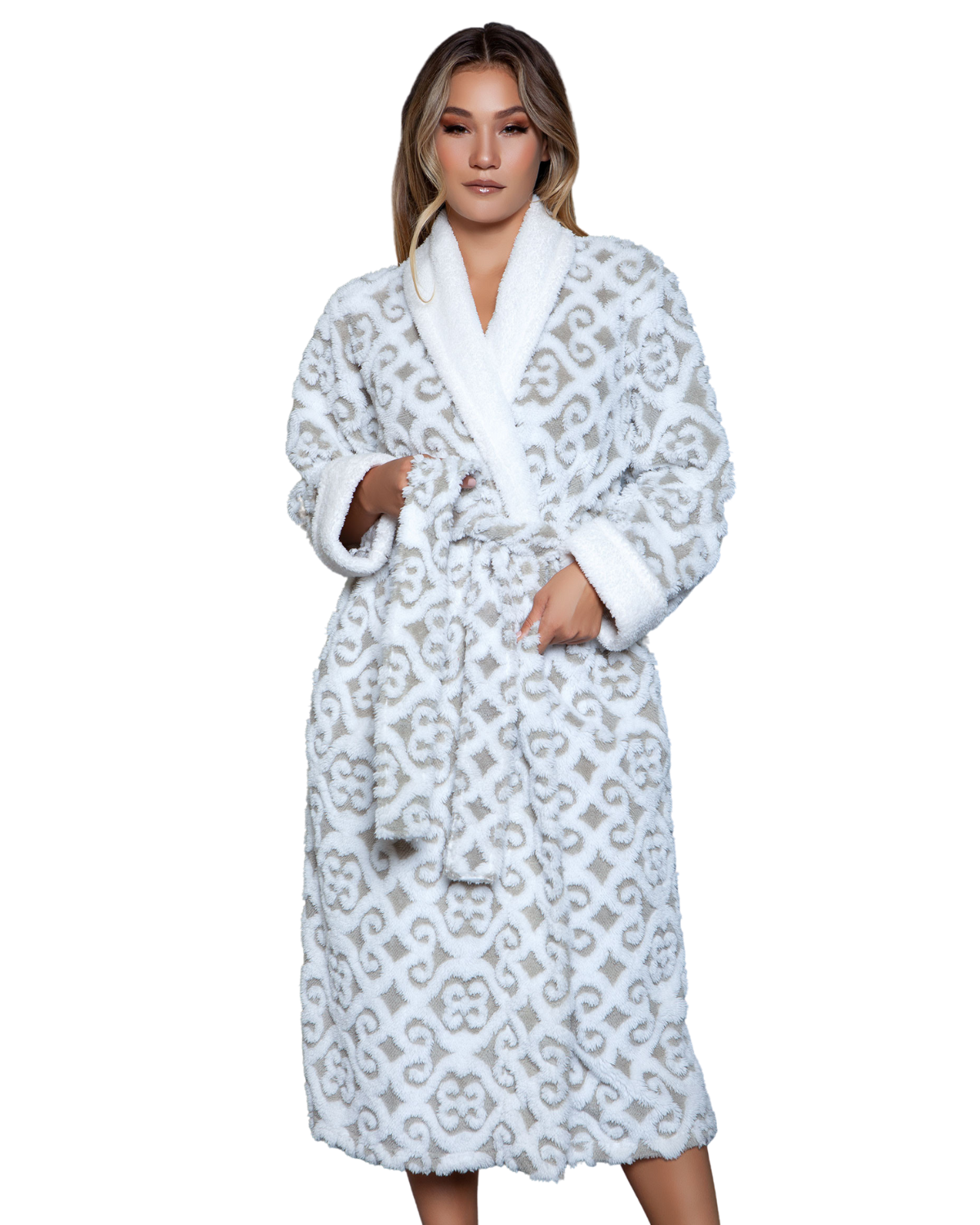 Model wearing a long robe with grey and white detailing