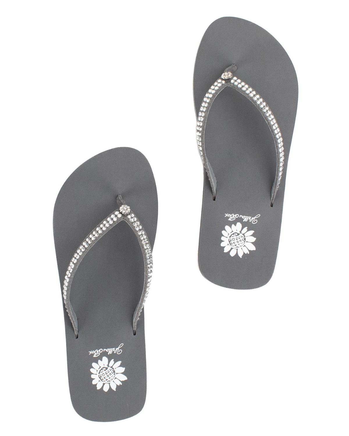 Women's grey wedge sandal with rhinestones on the strap.