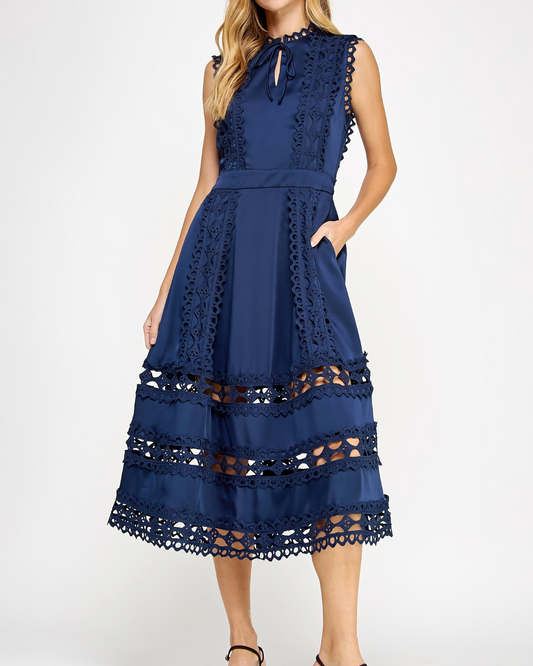 Strut & Bolt Scallop Edge Crochet Trim Satin Midi Dress - D-10336