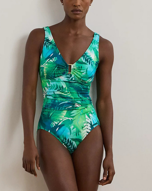 Lauren Ralph Lauren Cartago Palms Shirred Ring Front One Piece - 20523016