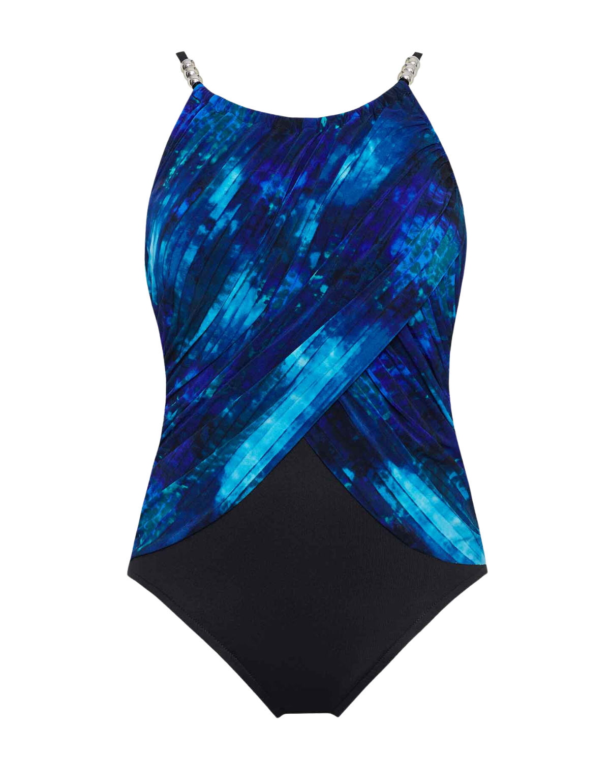 flat lay of a one piece high neck swimsuit in a black, blue, navy and white abstract print