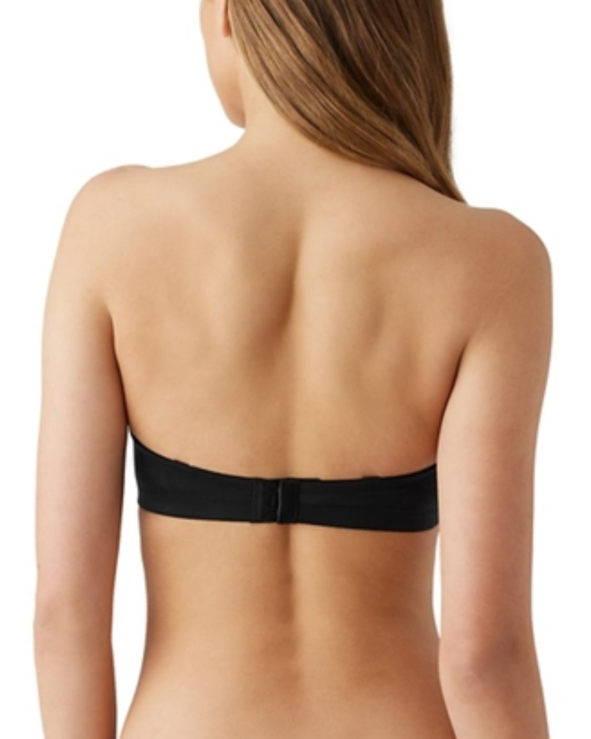 Model wearing a molded wire-free strapless bra in black with detachable straps to wear multiple ways in black