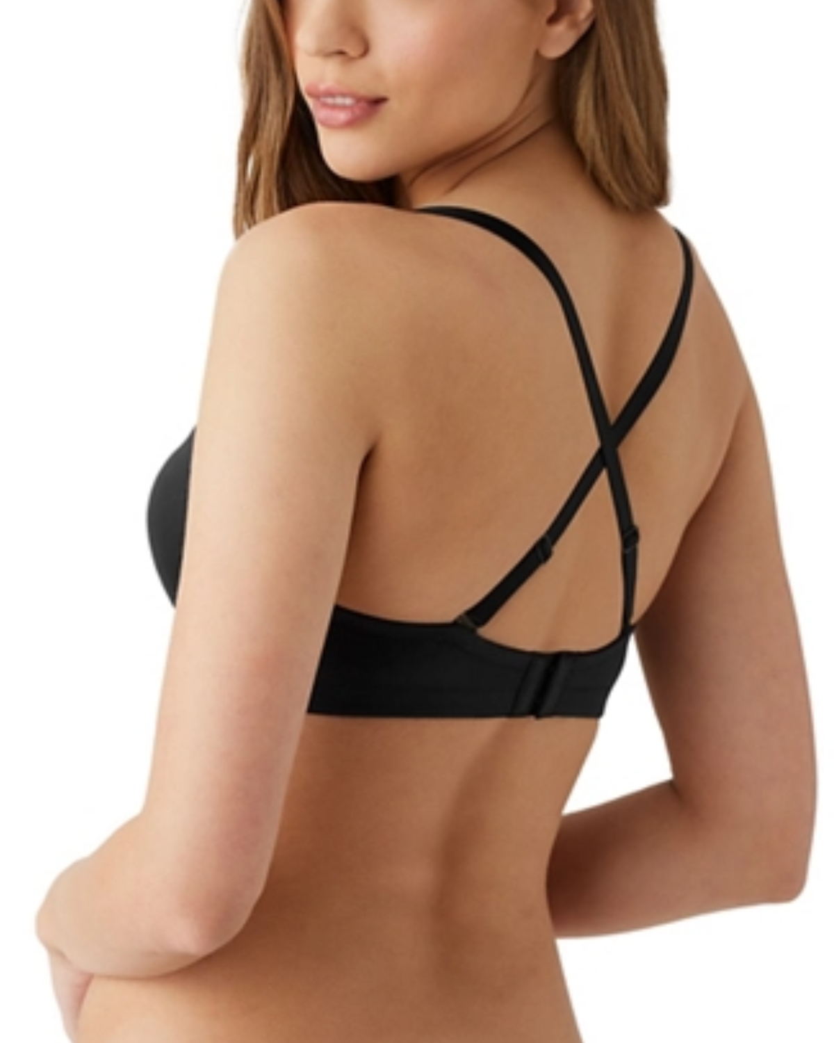 Model wearing a molded wire-free strapless bra in black with detachable straps to wear multiple ways in black