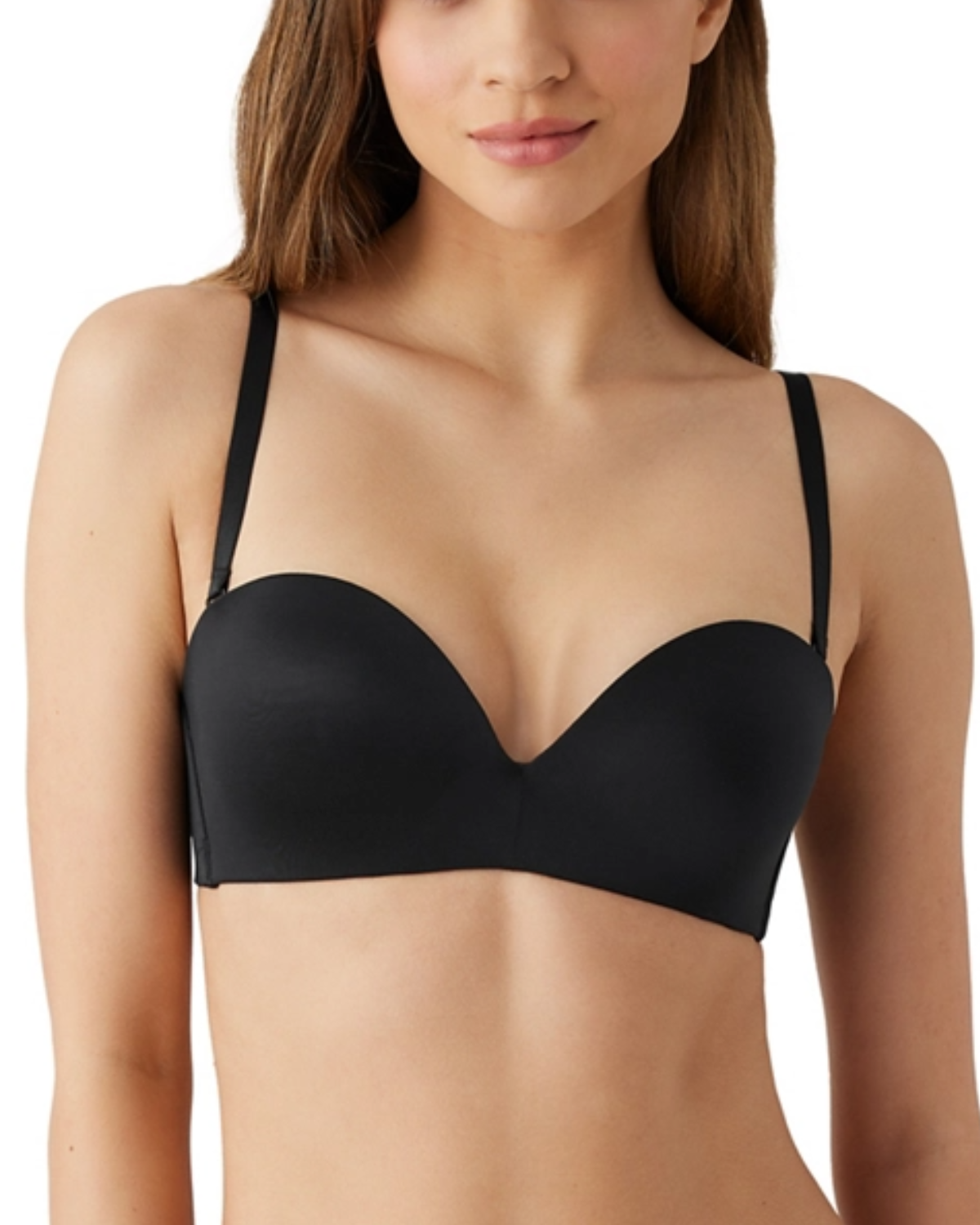 Model wearing a molded wire-free strapless bra in black with detachable straps to wear multiple ways in black