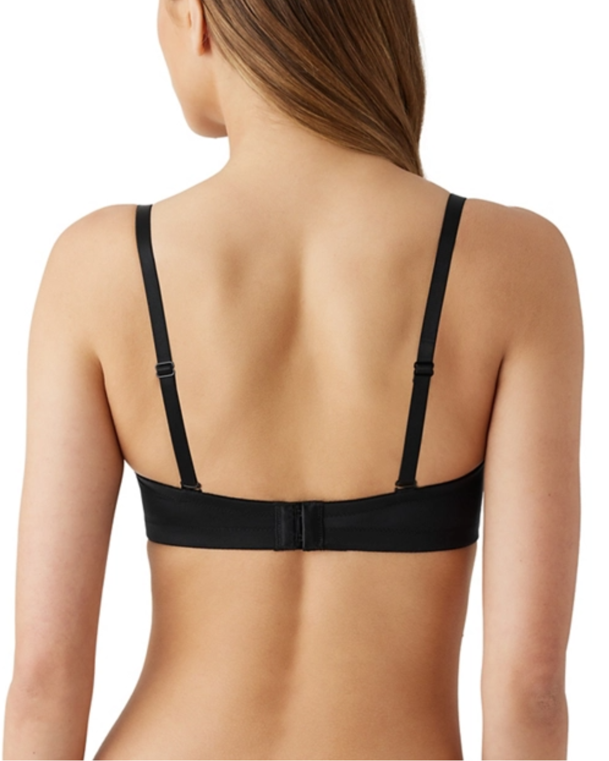 Model wearing a molded wire-free strapless bra in black with detachable straps to wear multiple ways in black