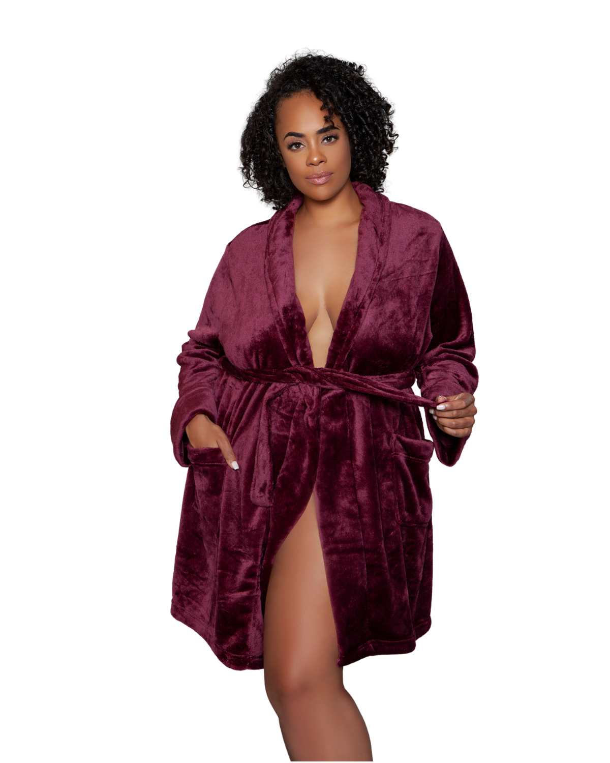 Model wearing a knee length plush robe in maroon