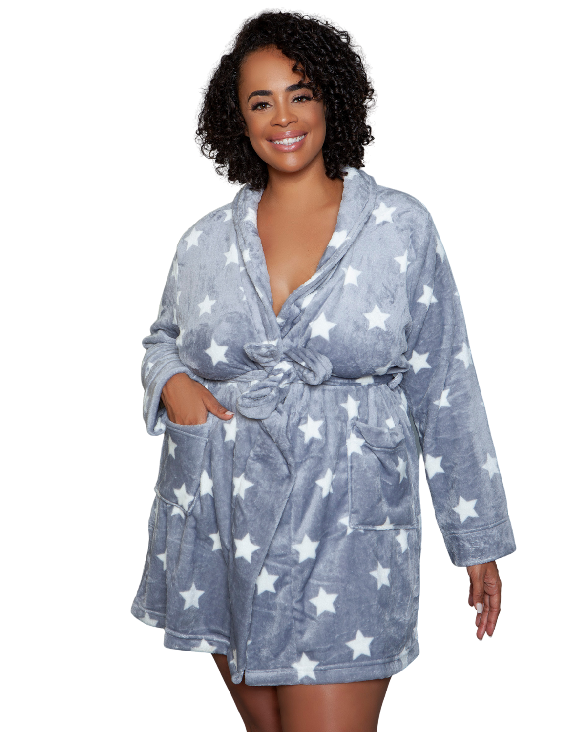 Model wearing a knee length plush robe in grey with white stars