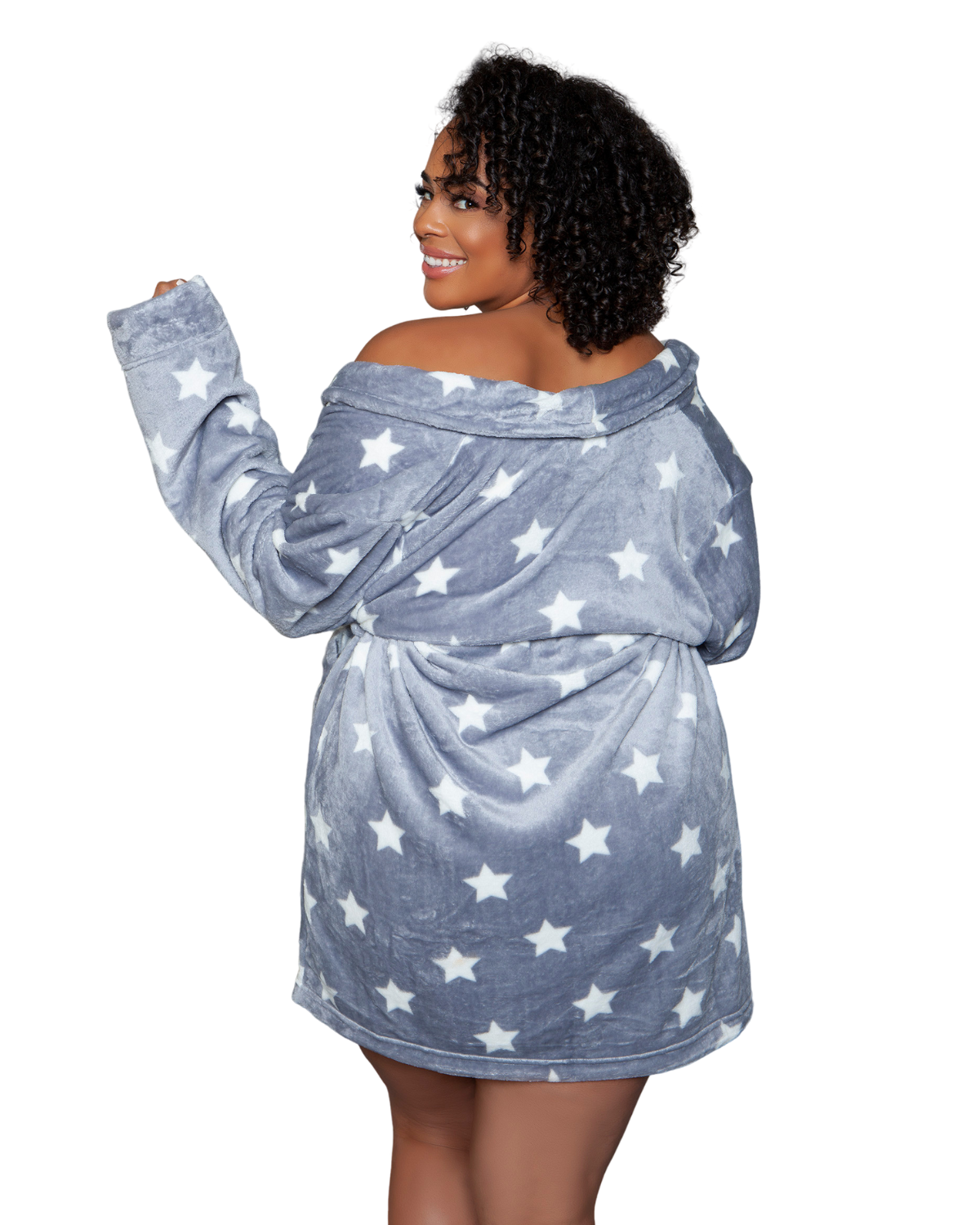 Model wearing a knee length plush robe in grey with white stars