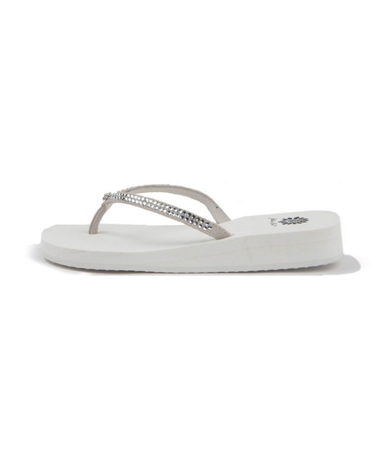 Women's white wedge sandal with rhinestones on the strap.