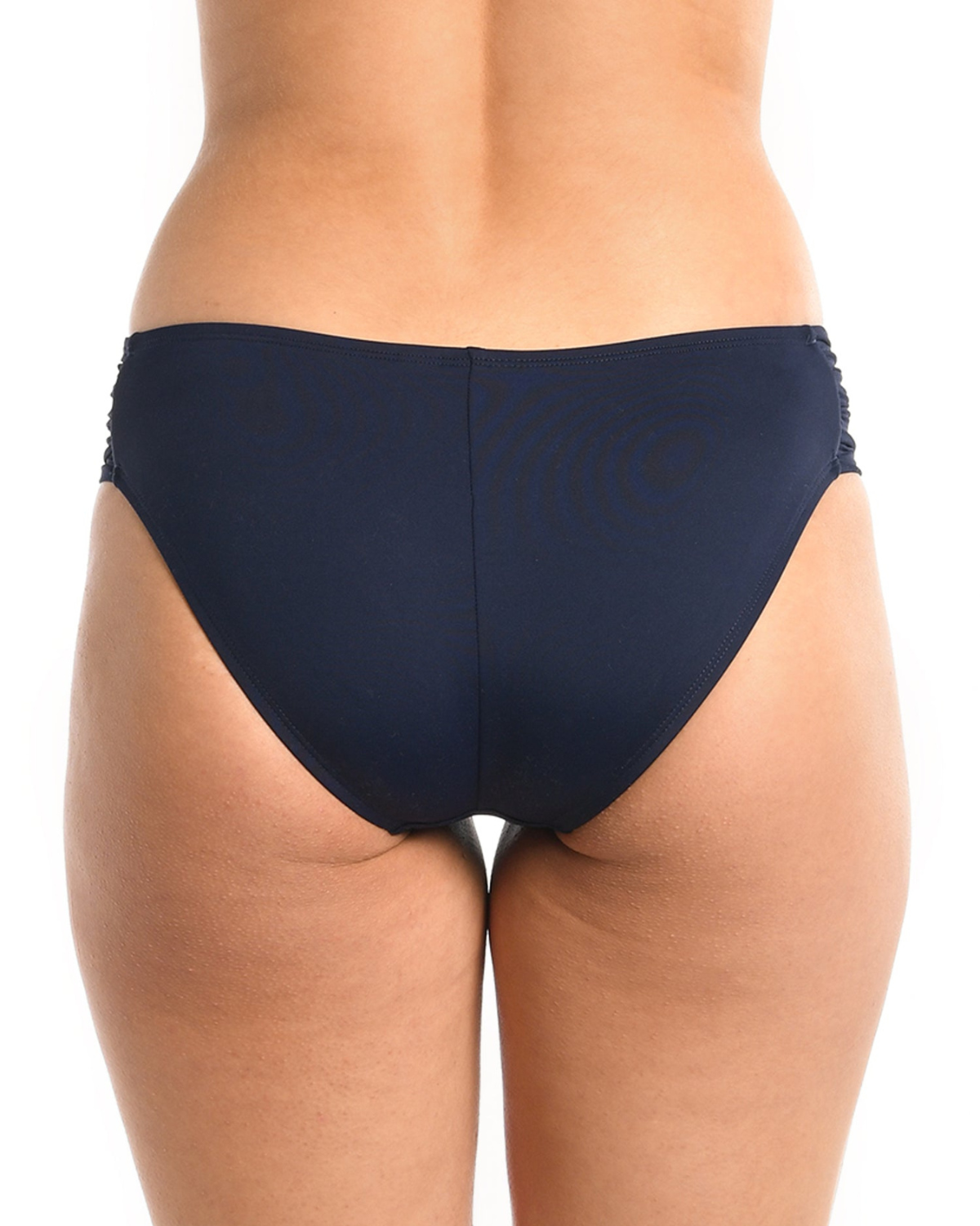 Model wearing a side shirred hipster bikini bottom in indigo
