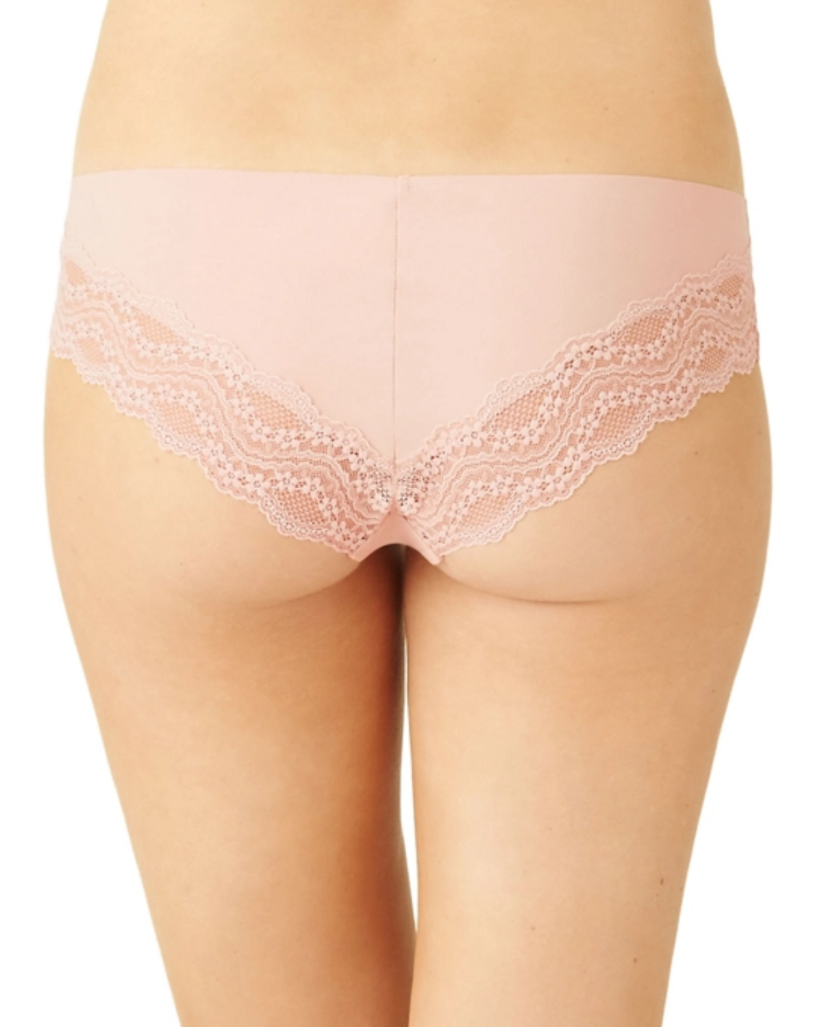 Women's light pink seamless hipster panty with cheeky lace back.