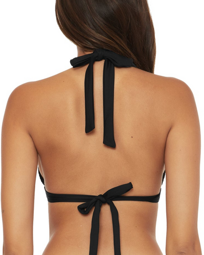 Model wearing a shirred halter bikini top in black