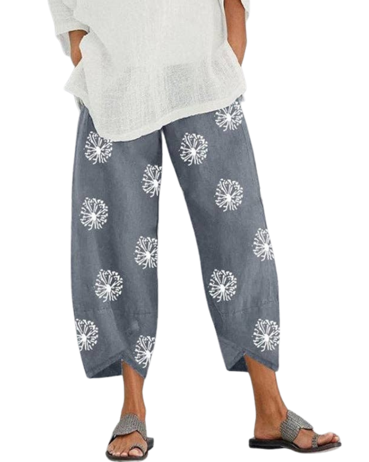 Sheer Trend Plus Size Loose Flower Print Split Joint Cover Up Pants with Pockets - 16766