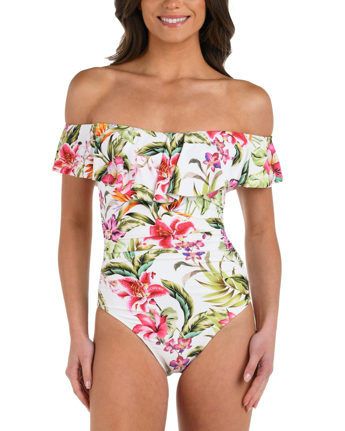 2025 La Blanca Polynesian Paradise Off Shoulder Ruffle One Piece - Lb5ne11