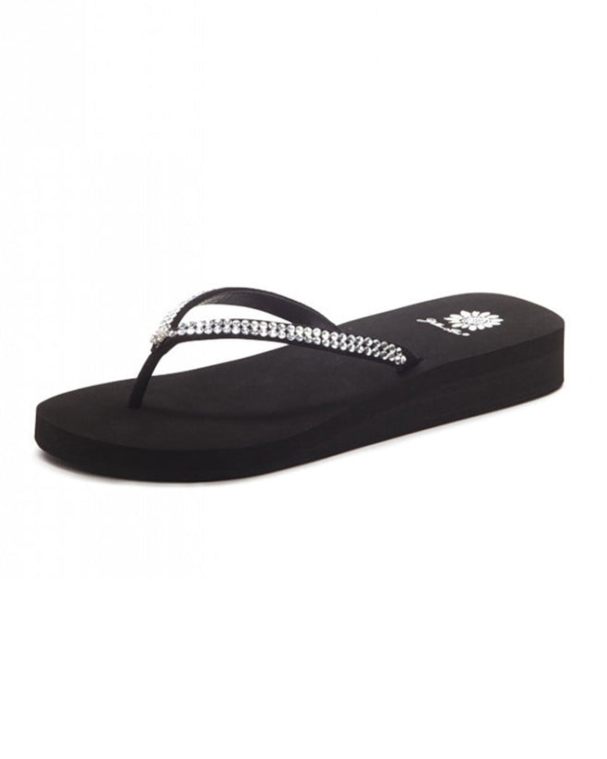 Women's black wedge sandal with rhinestones on the strap.