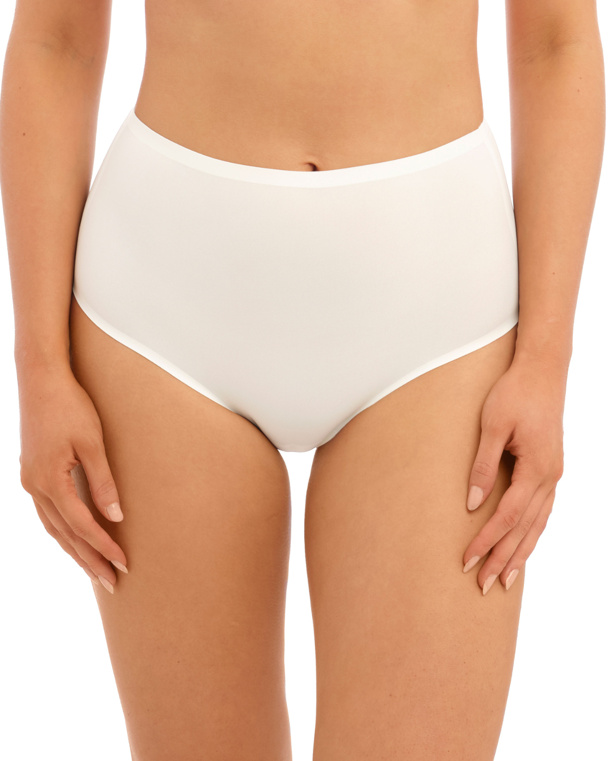 Model wearing a seamless stretch full brief in ivory