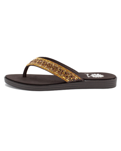 Women's brown sandal with brown and yellow rhinestones on the strap