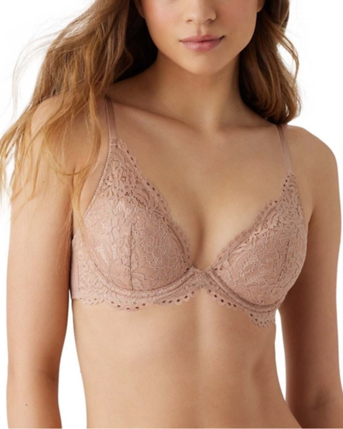 Model wearing a plunge lace underwire bra in beige