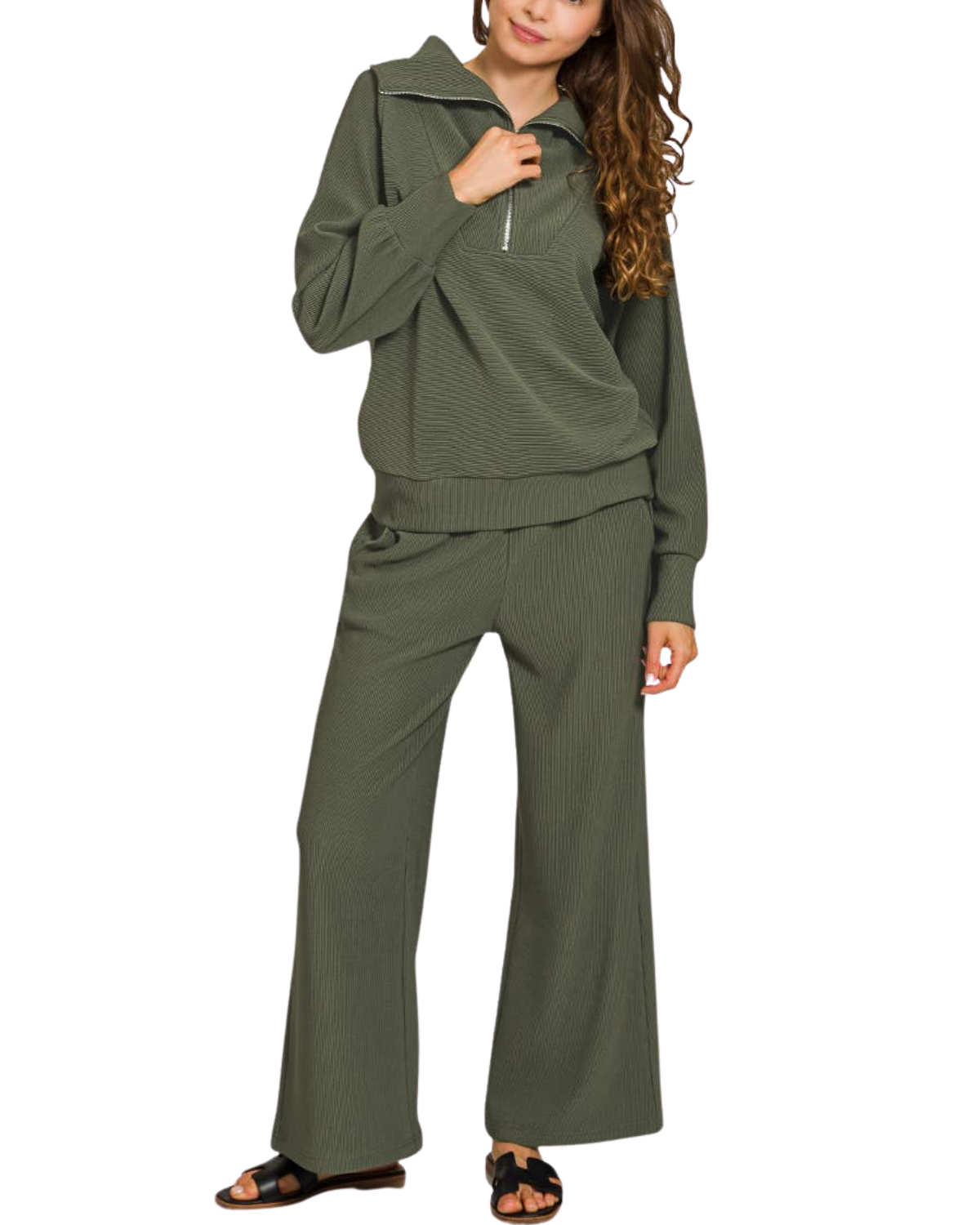 Zenana Ribbed High Neck Half Zip Pullover & Pants Set - 28339