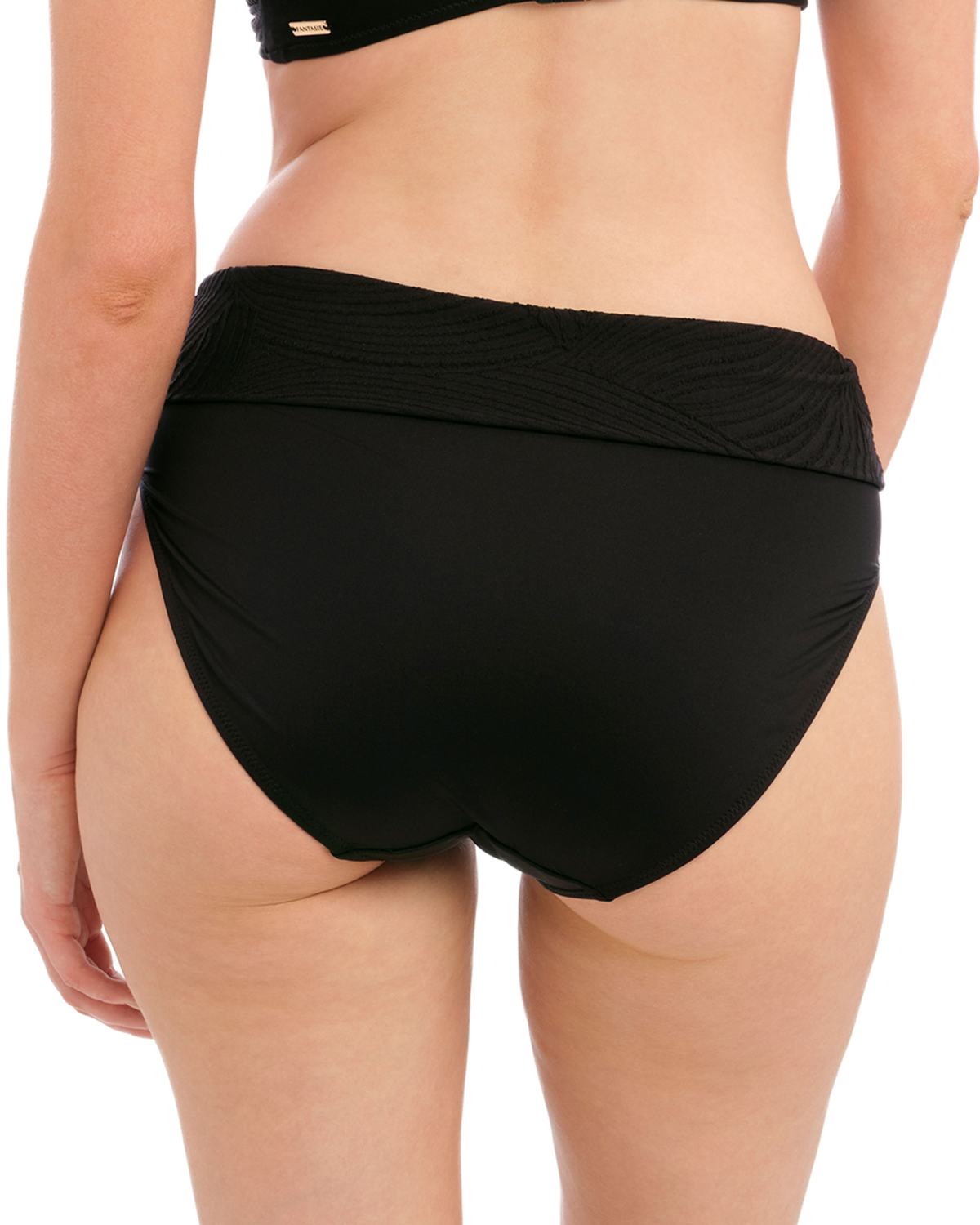 Model wearing a high waist bikini bottom with a side tie in black