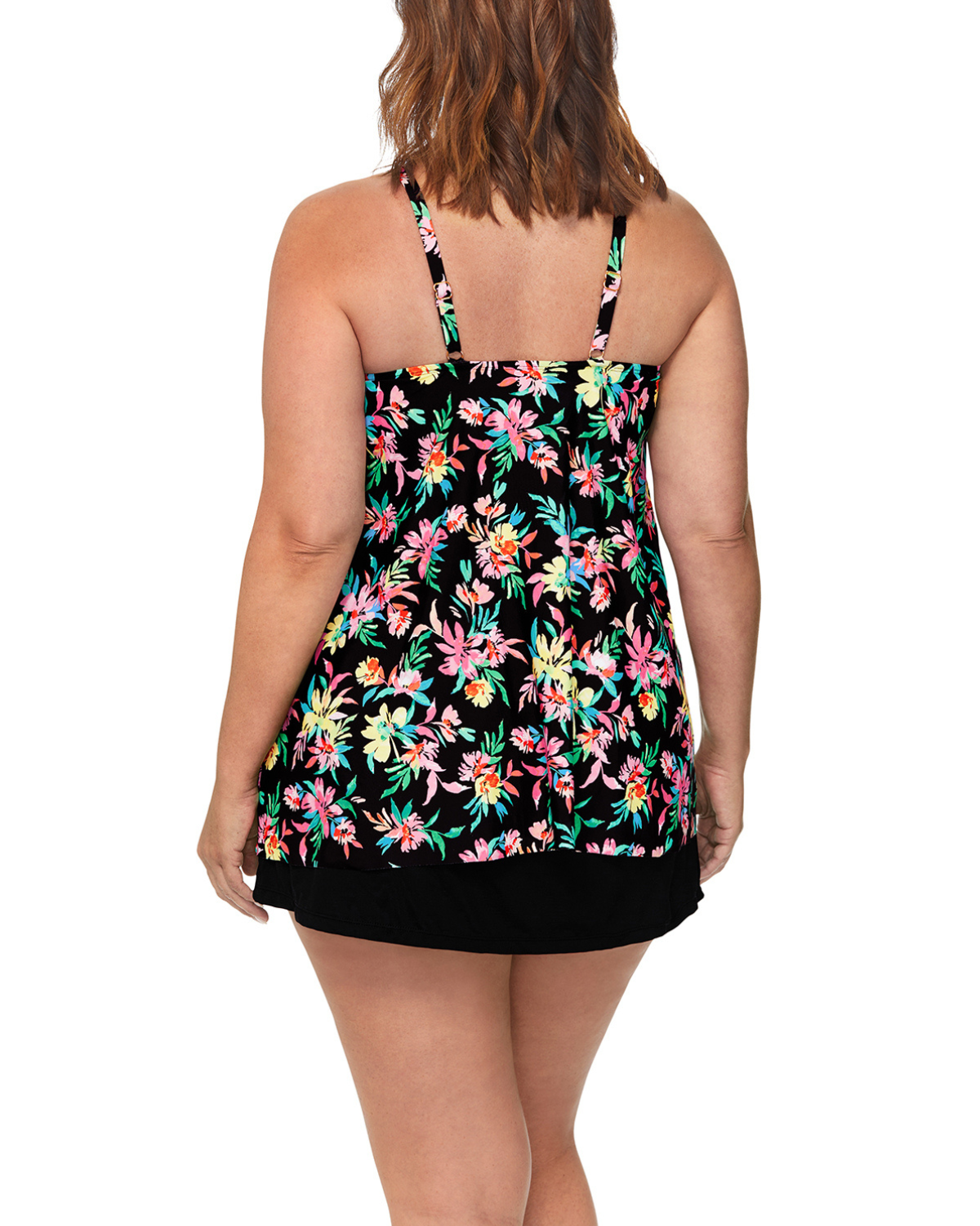Model wearing a plus tankini top with underwire with a black base and floral print