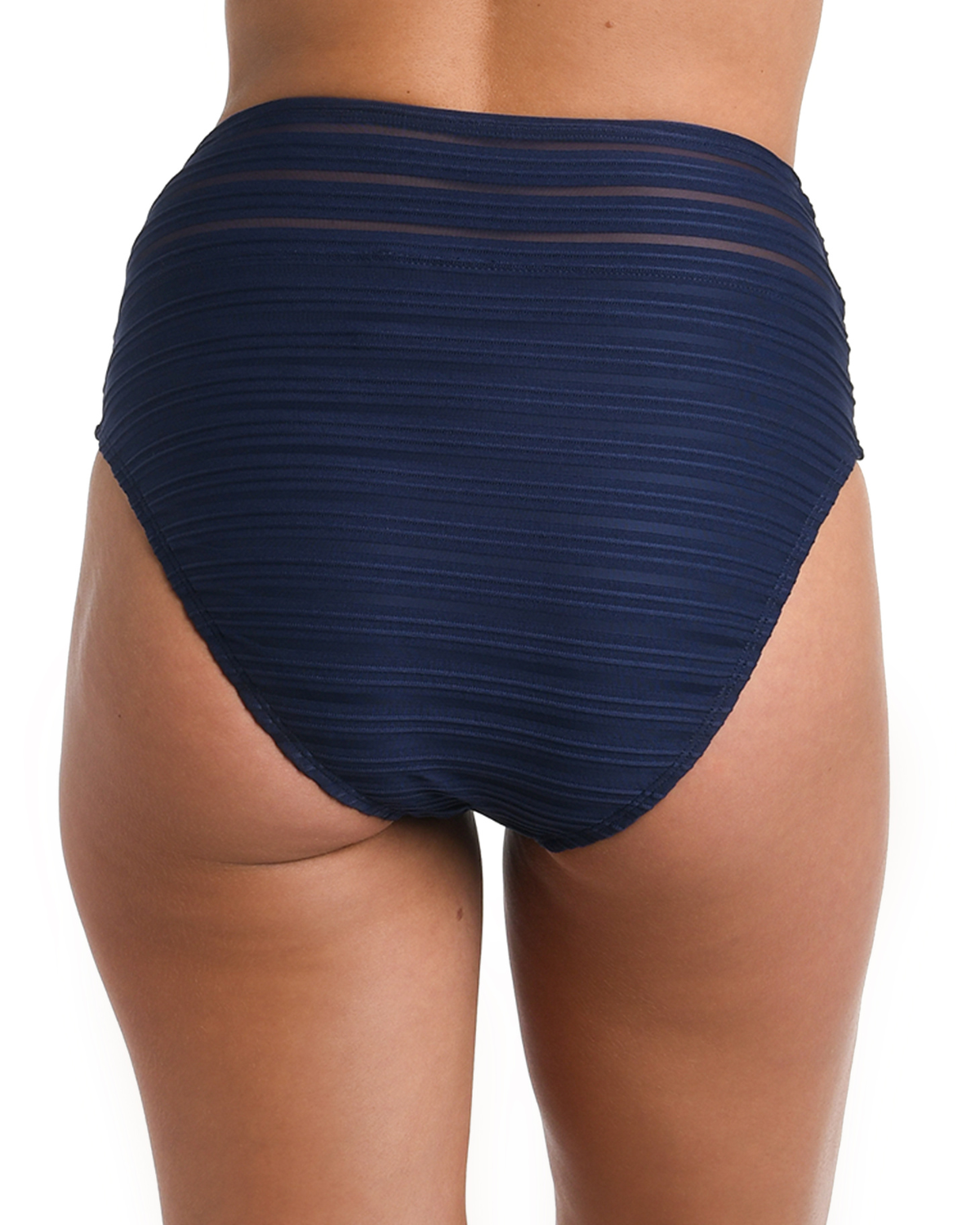 Model wearing a high waist bottom in an indigo and mesh ottoman stripe design