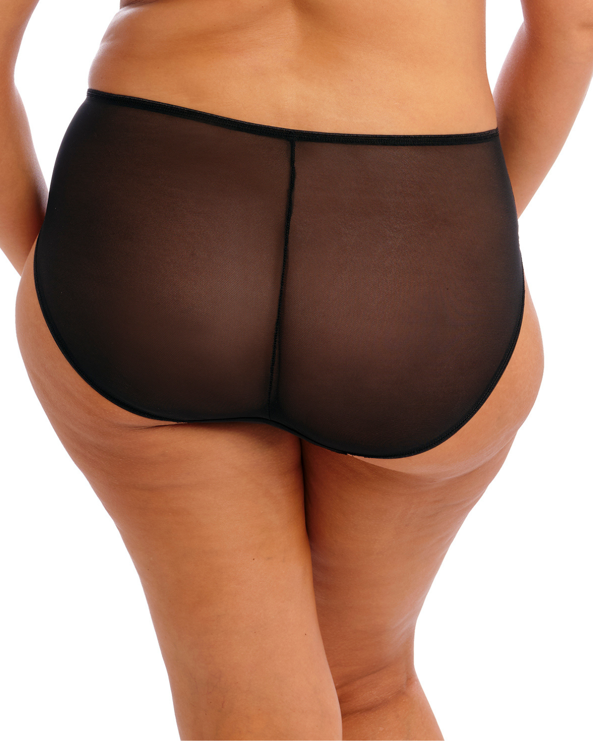 Model wearing a full brief panty with mesh inserts and beaded embroidery in black