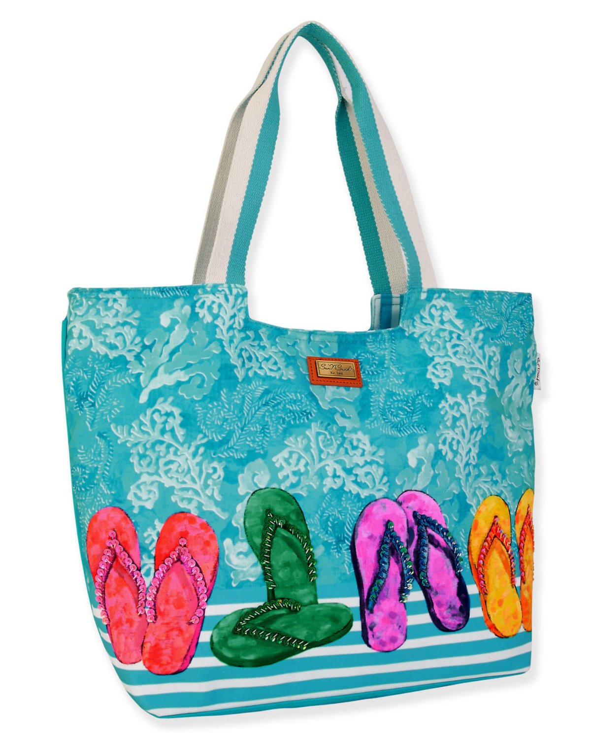 Blue tote bang with a sketch drawing of multicolored flip flops in red, green, pink and yellow with coral design in the background