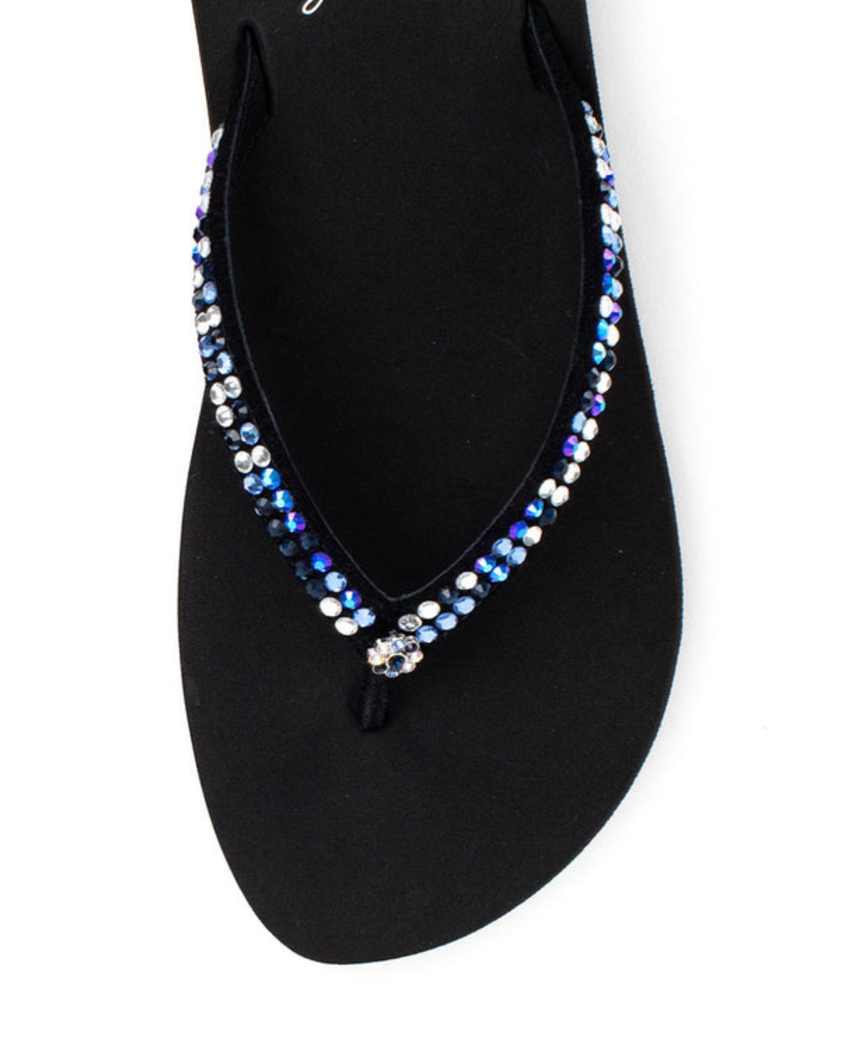 Women's black wedge sandal with multicolored rhinestones on the strap.