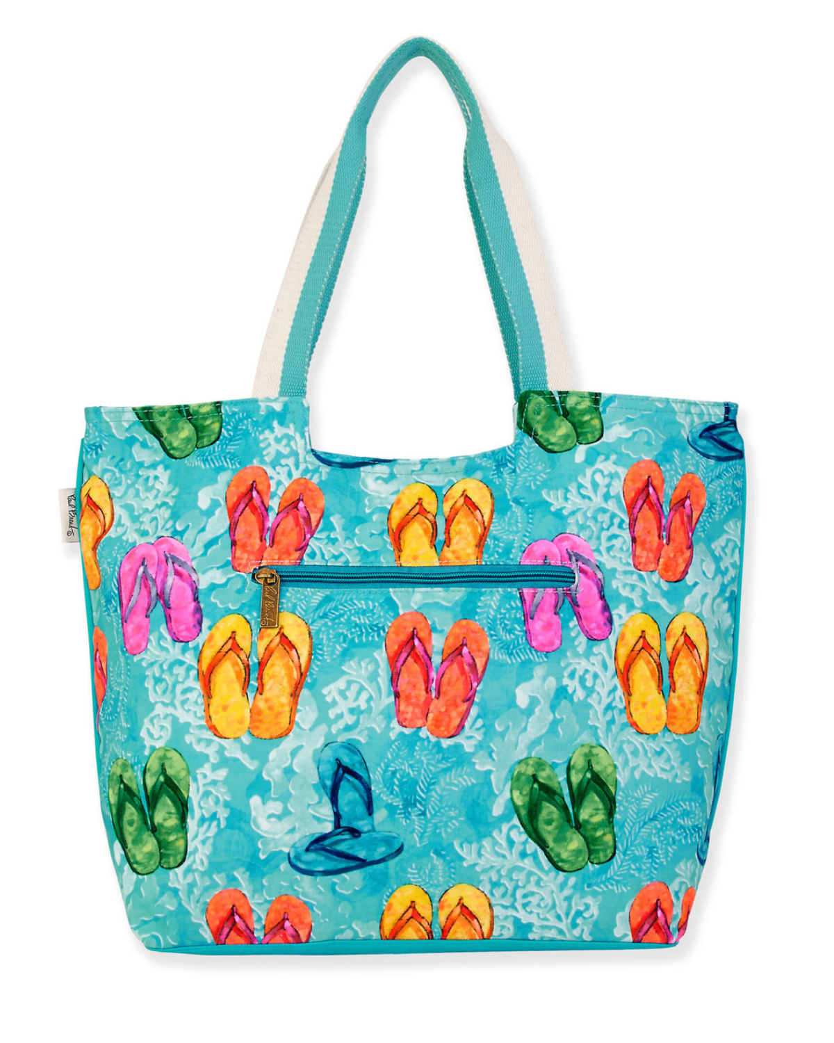 Blue tote bang with a sketch drawing of multicolored flip flops in red, green, pink and yellow with coral design in the background