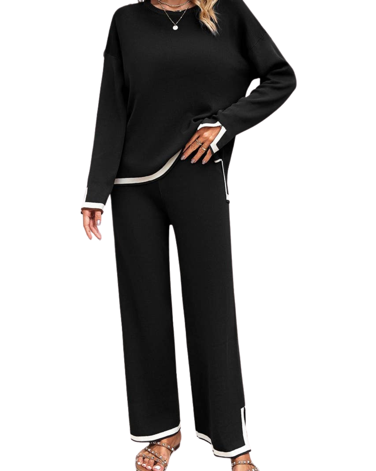NINEXIS Round Neck Long Sleeve Sweater Pants Set - CWSTB0346